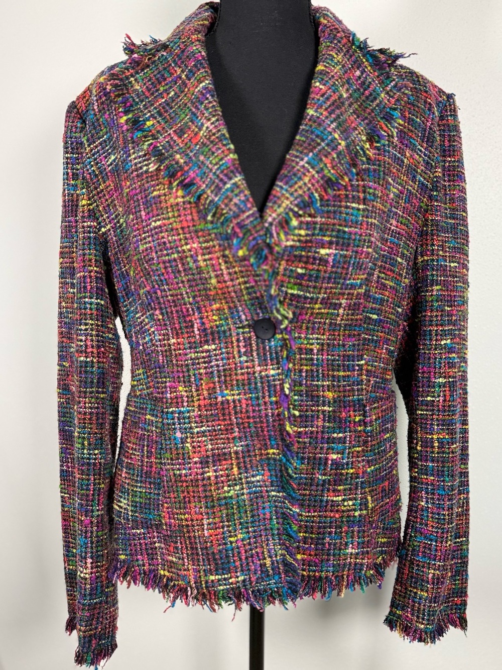 Anne Carson 70% Silk Multicolor Tweed Blazer Fringe Jacket Large